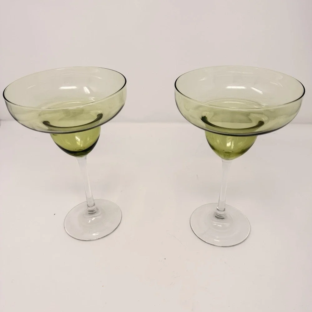 2 Hand-Blown Avocado Green Margarita Glasses with Clear Stems‎ - 7 1/2
